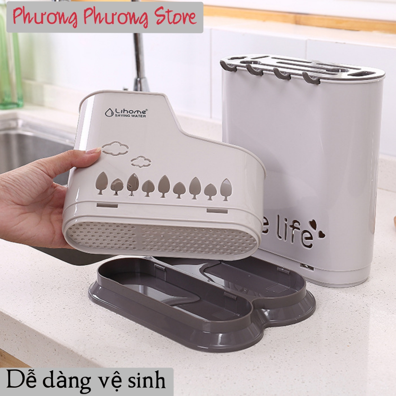 Giá Kệ Đựng Đũa Thìa Có Móc Treo Kèm Khay Cắm Dao Kéo Nhựa VN - Tặng 1 móc dán tường to