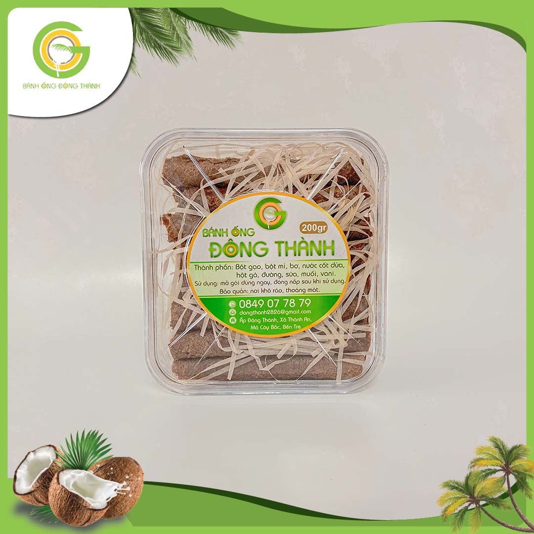 Bánh ống Đông Thành thơm ngon hộp vuông - Bánh ống xứ dừa - Đặc sản Bến Tre hộp vuông