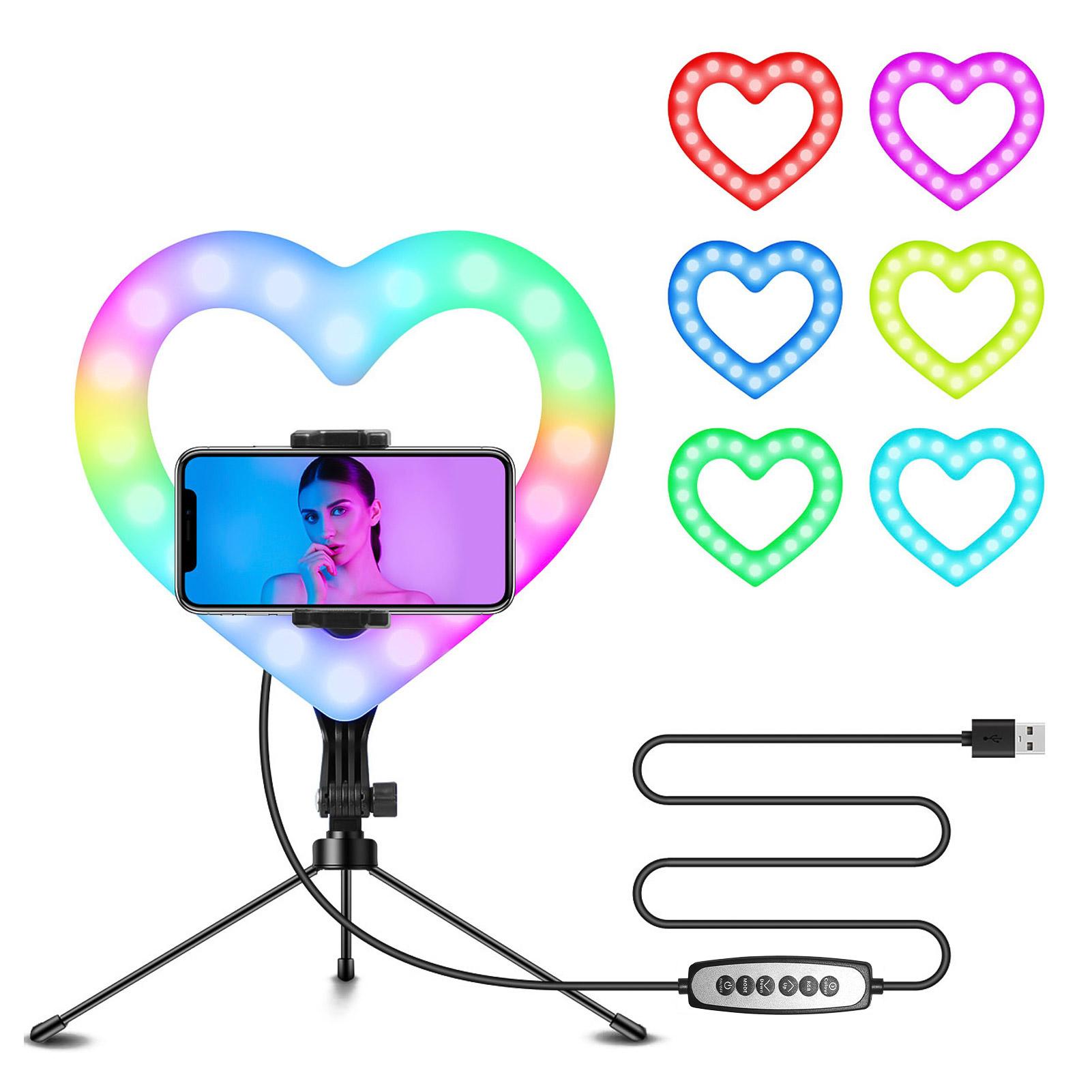 10 Inch RGB Video Light Heart-Shaped LED Fill Light Dimmable USB Powered with Phone Holder Desktop Stretch Light Stand