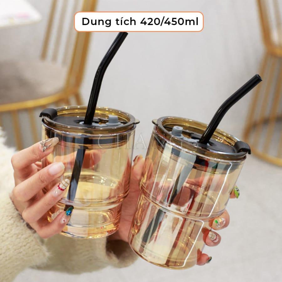 Cốc Uống Nước Có Ống Hút, Ly Thuỷ Tinh Vỏ Da Có Nắp Và Ống Hút Dung Tích 420ML Và 450Ml Chịu Nhiệt -10 độ C đến 110 độ C