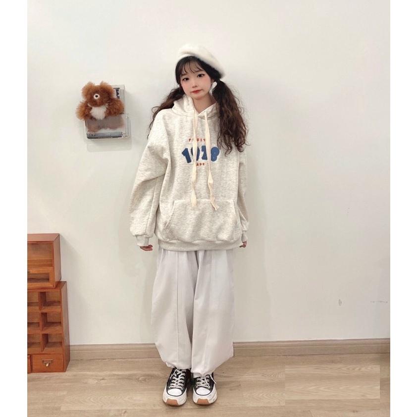 Áo Hoodie Nam Nữ Nỉ Ngoại 1928 Thêu Nổi Dáng Thụng Màu Xám Mũ 2 Lớp