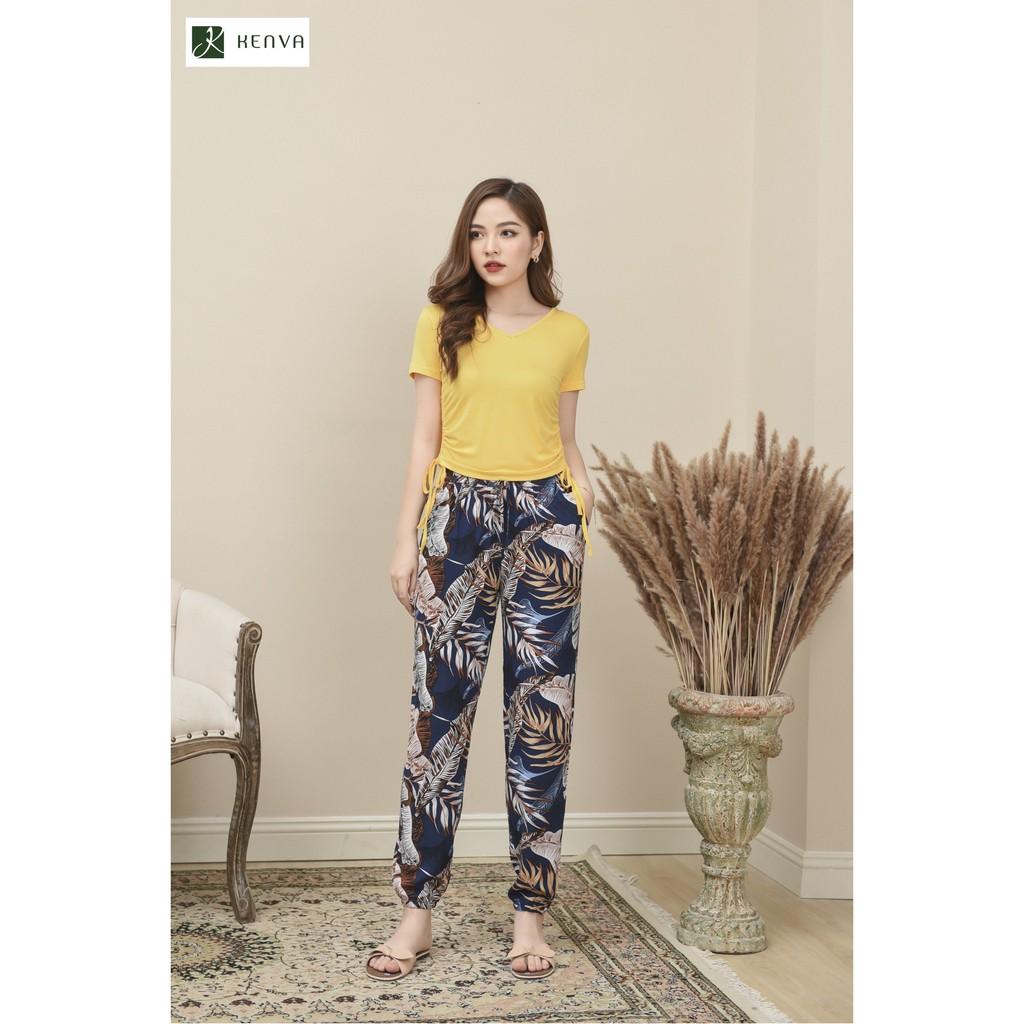 Set đồ Kenva, quần lanh alibaba siêu xinh form suông tôn dáng, áo thun cổ tim có dây rút siêu nữ tính