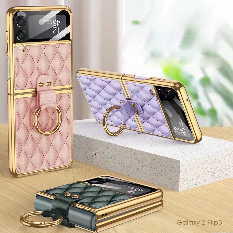 Ốp lưng dành cho điện thoại samsung galaxy Zflip3 - Zflip4 - Z Flip3 - Z Flip4 - Z Flip 3 - Z Flip 4 vân da Ring đeo giữa tiện lợi