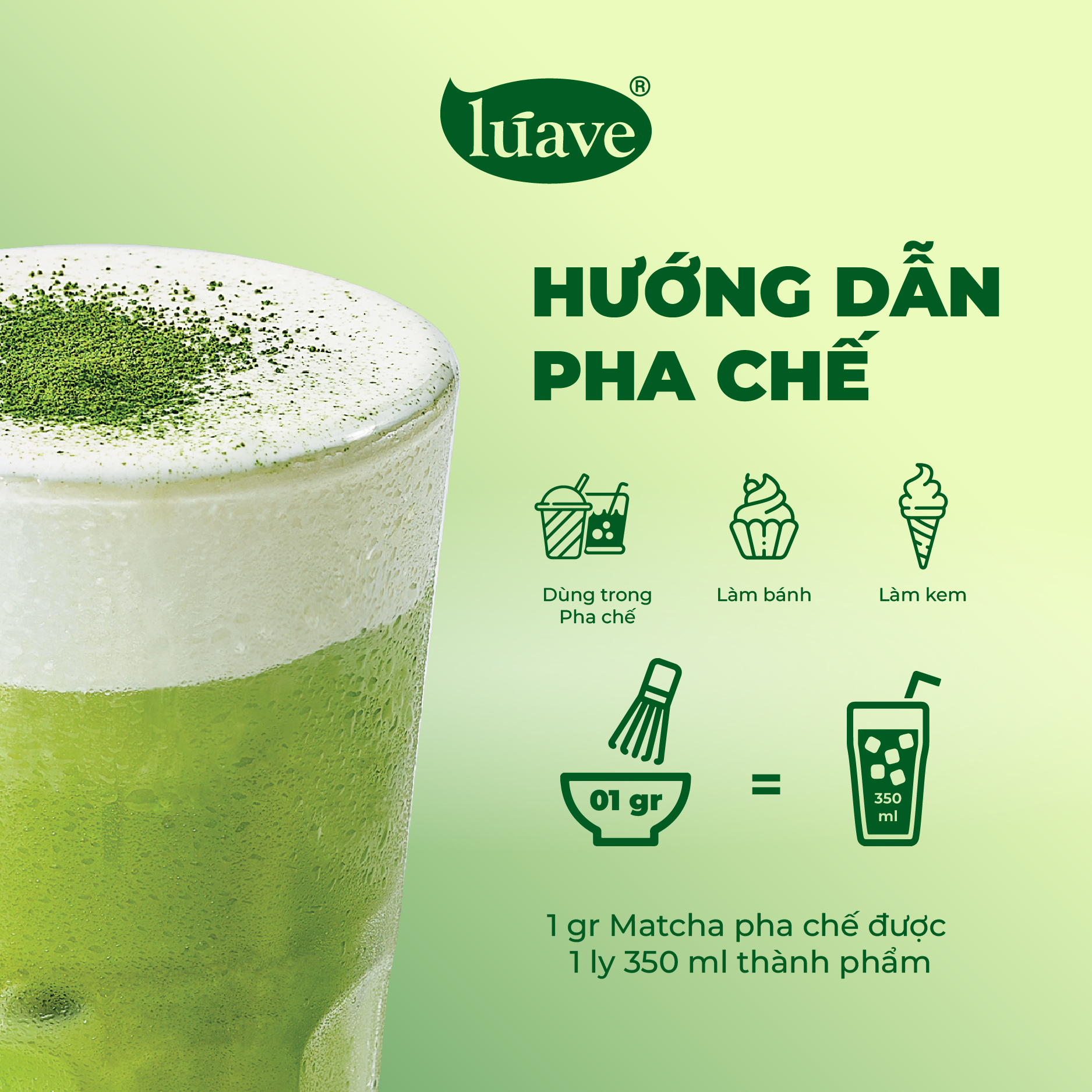 Bột Trà xanh Matcha Lúave 200g / túi - Matcha Nhật Bản, màu xanh tự nhiên, dễ hòa tan, pha chế, làm bánh, làm kem