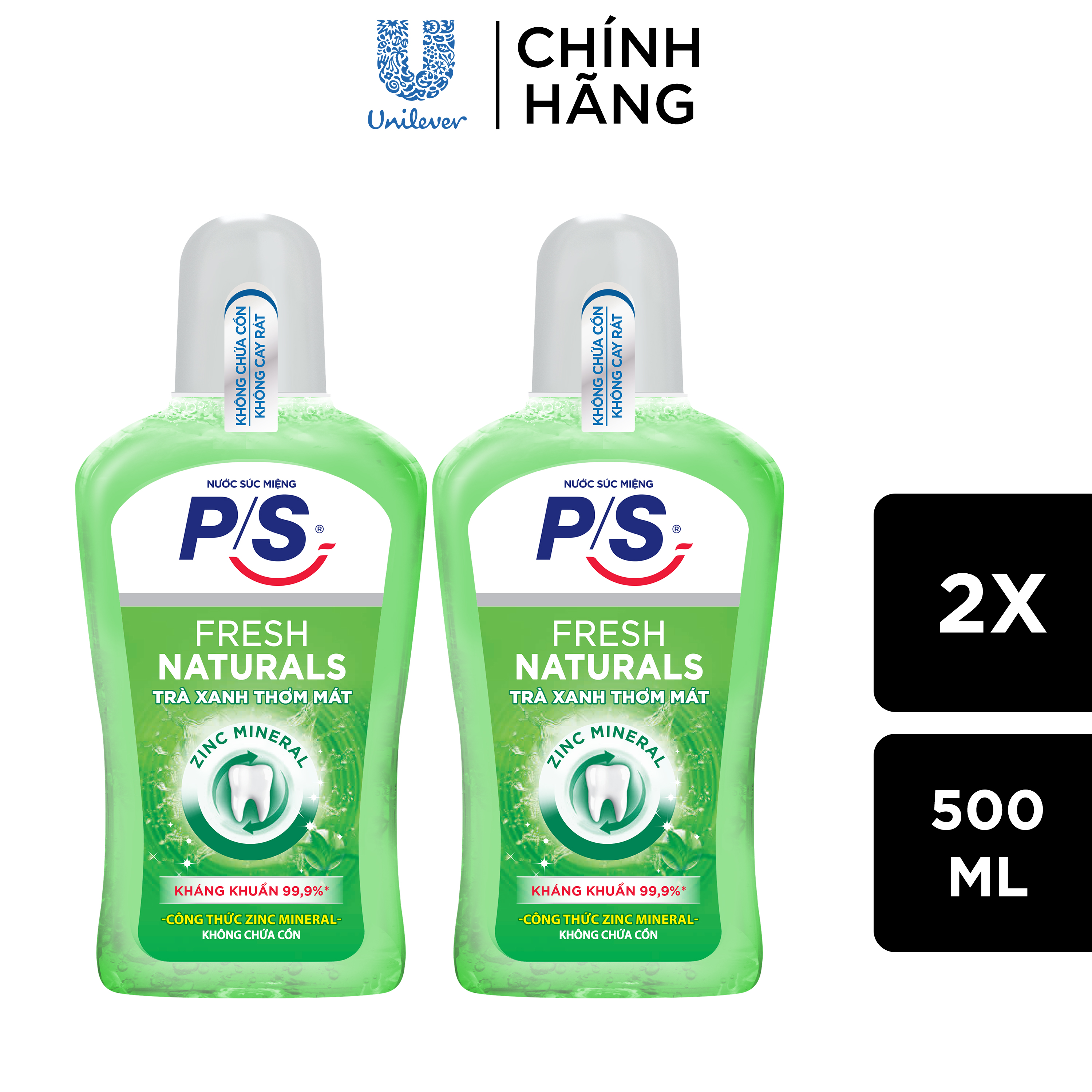 Combo 2 Nước Súc Miệng P/S Trà Xanh Zinc Mineral Không Cồn Không Cay Rát Kháng Khuẩn 99.9% Hơi Thở Thơm Mát 500Ml/Chai