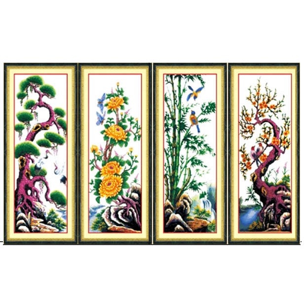 Tranh thêu chữ thập 4 bức rời Bộ Tứ Quý Tùng Cúc Trúc Mai chưa thêu