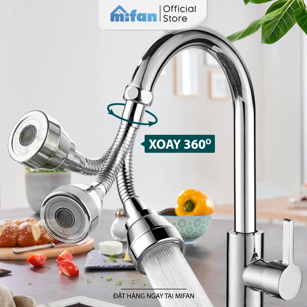 Đầu nối vòi rửa bát tăng áp đồng thau inox 304 cao cấp Mifan - Xoay 360 độ, 3 chế độ nước cực mạnh, sục khí chống bắn toé - Bồn rửa chén nhà bếp