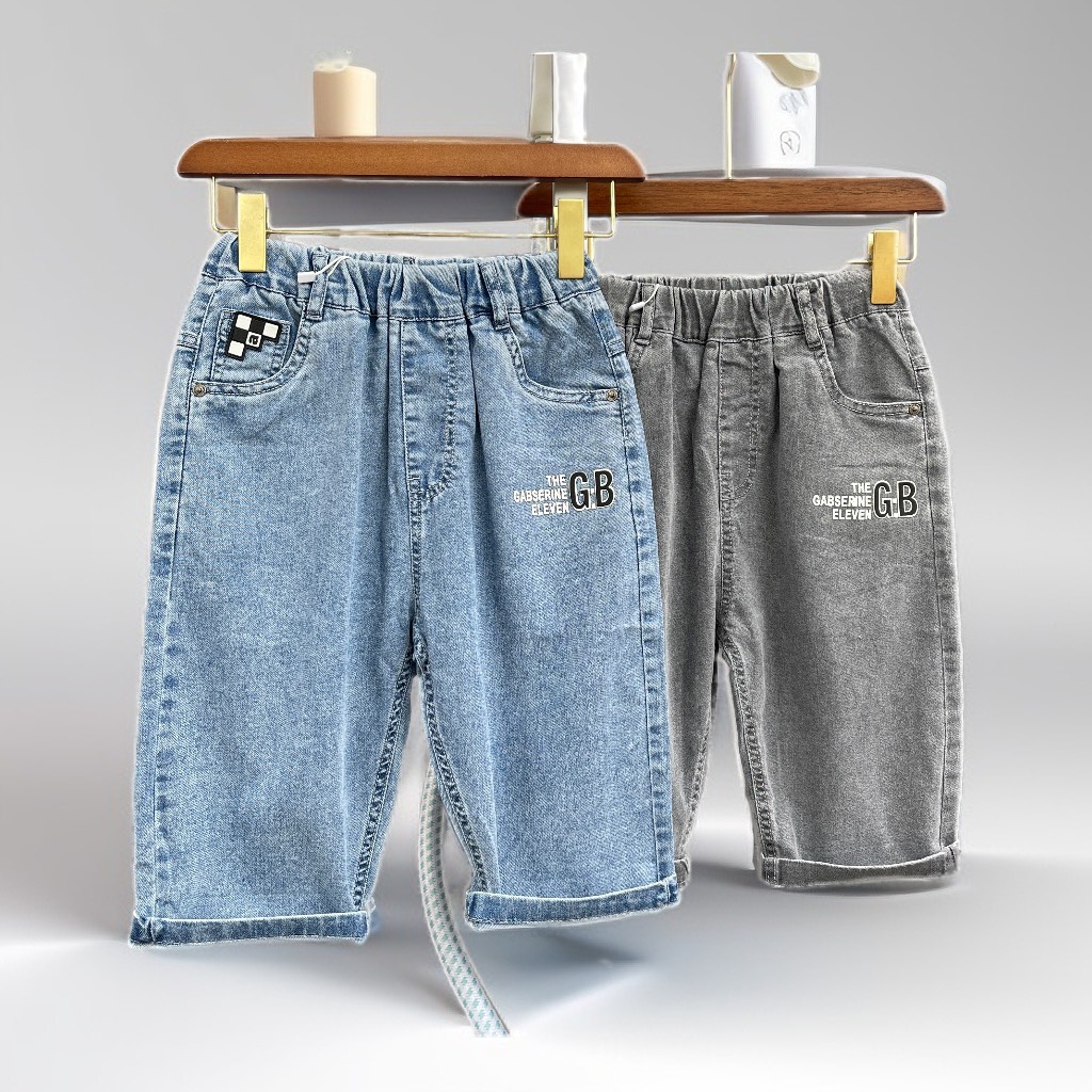 Quần bò bé trai lửng size đại, Quần jean trẻ em 7-12 tuổi in chữ G.B vải mềm mại khỏe khắn thời trang