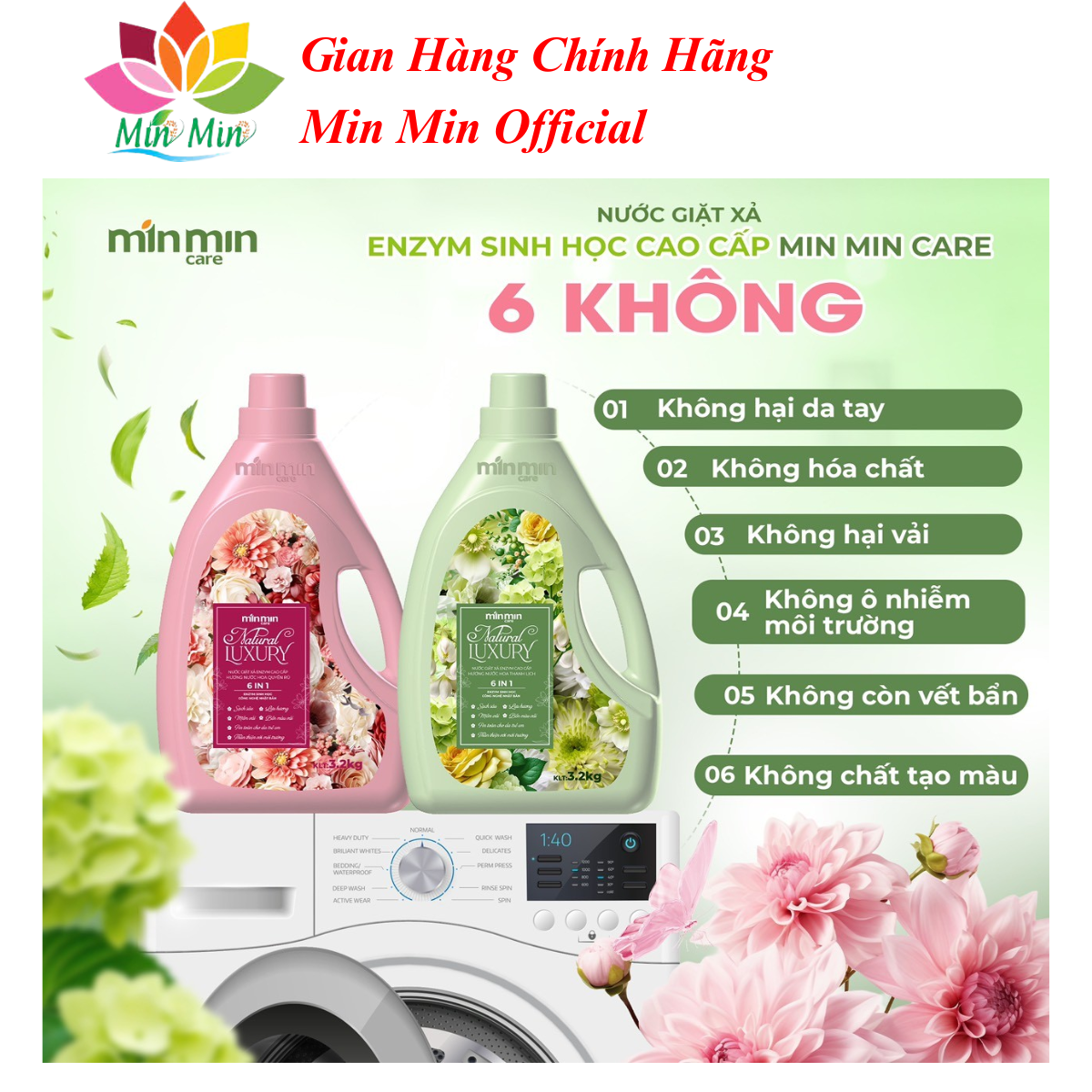 Combo 2 Can Nước Giặt Min Min Natural Laxury Giặt Tay, Giặt Máy Bền Đẹp Bền Màu Hương Nước Hoa 3.2Kg