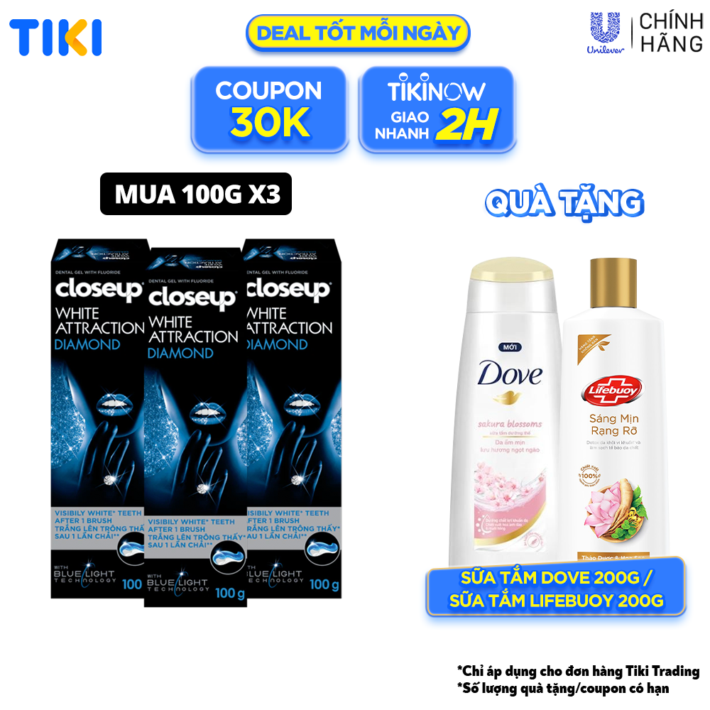 Combo 3 Kem Đánh Răng Closeup Dạng Gel Trắng Răng Diamond Attraction Ngay Sau 1 Lần Chải 100G/Tuýp