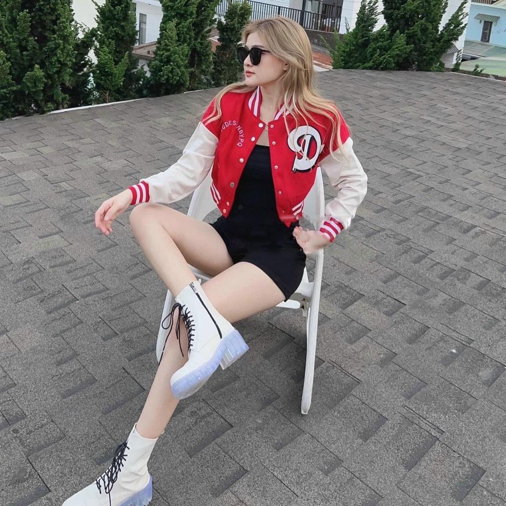 Áo khoác bomber croptop Chữ D nữ dáng lửng cánh dơi Phối tay trắng rộng bấm cúc sexy hàn quốc