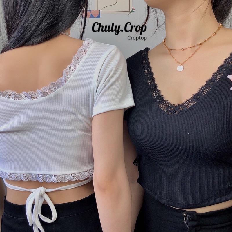 Áo Croptop cổ tim viền ren dây cột eo