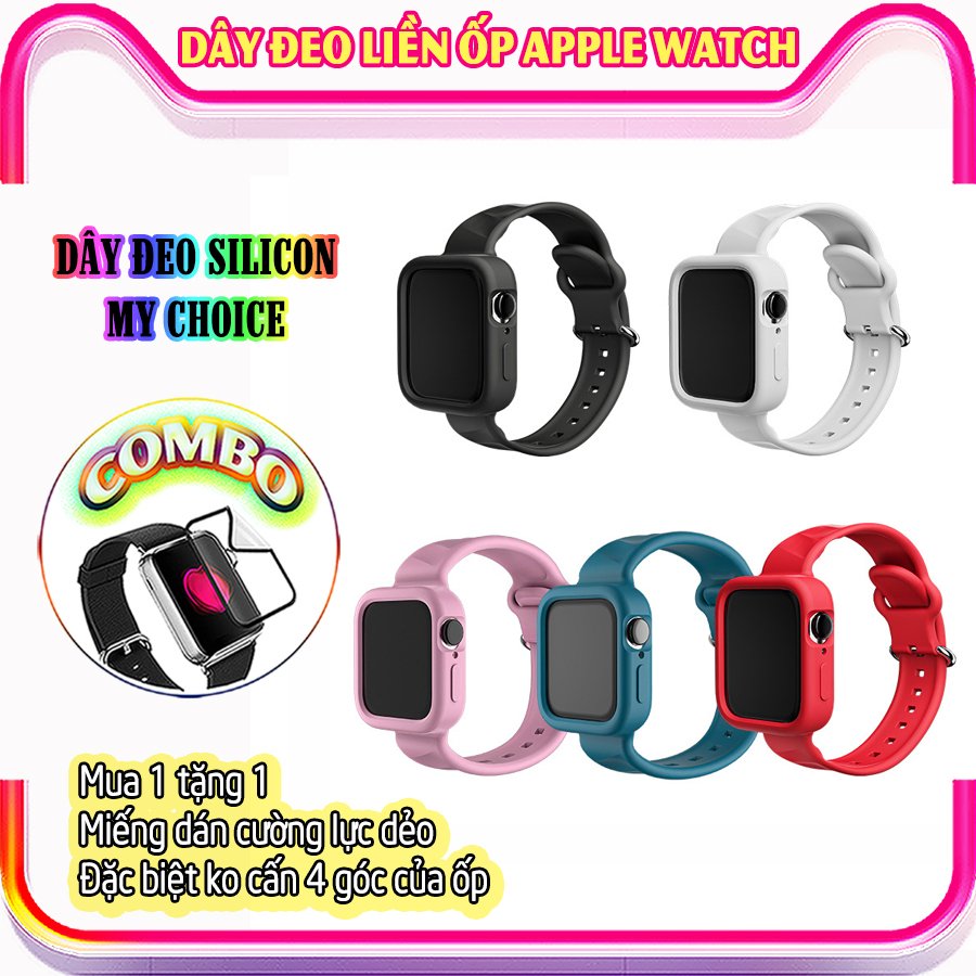 Dây Đeo liền ốp dành cho Apple Watch size 38/40/42/44mm silicon my choice - Đen (tặng dán KCL theo size)