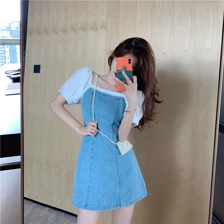 Đâm Denim cổ vuông retro Korea cho Nữ