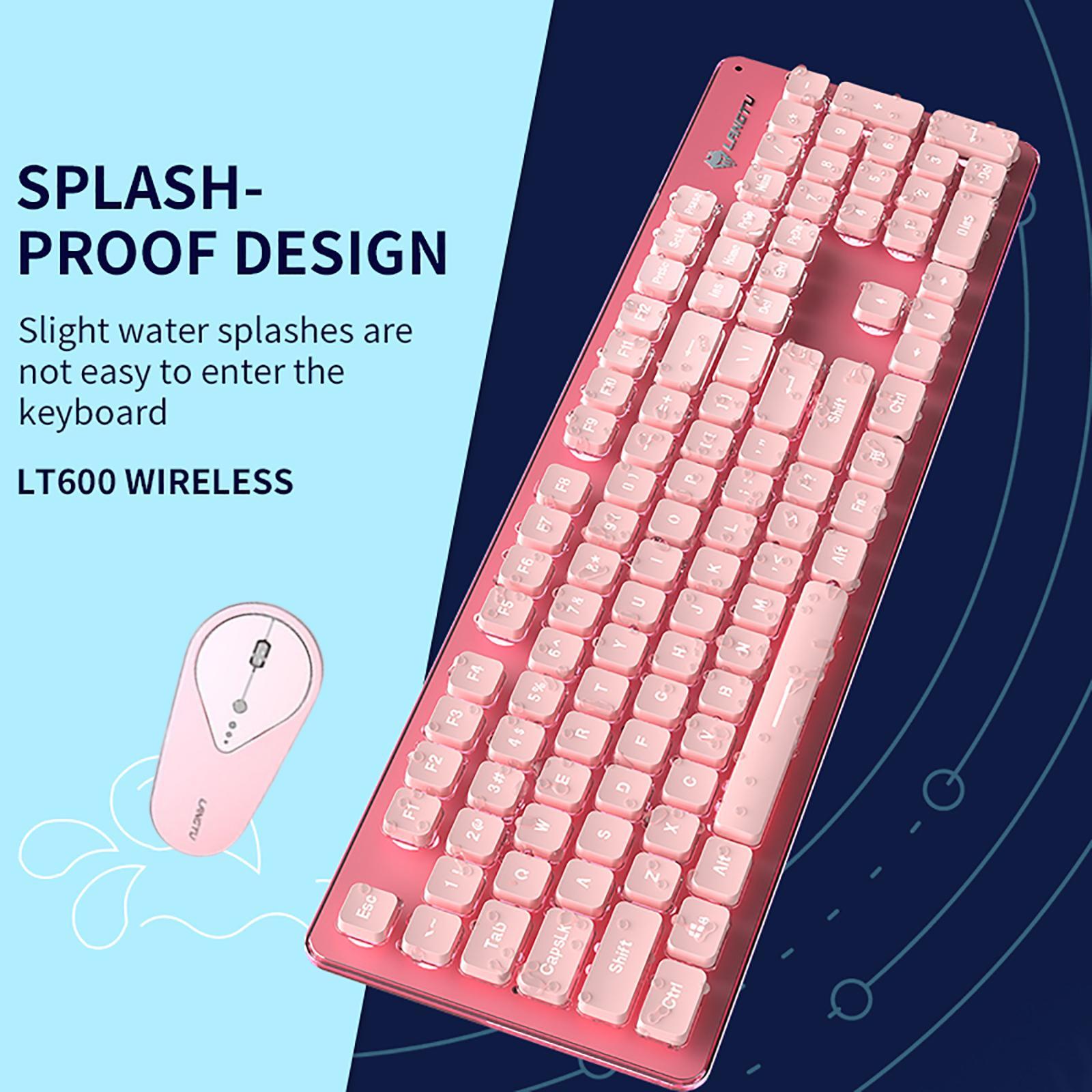 Portable 2.4G Wireless Keyboard Mouse Set 104 Keys USB Charging Pink White