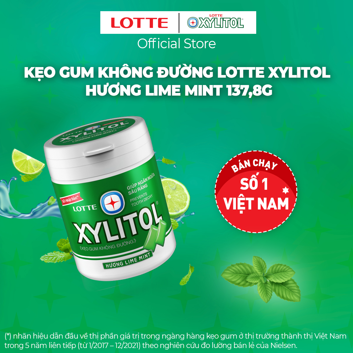 Combo 6 hũ Kẹo Gum không đường Lotte Xylitol - Hương Lime Mint 130,5 g