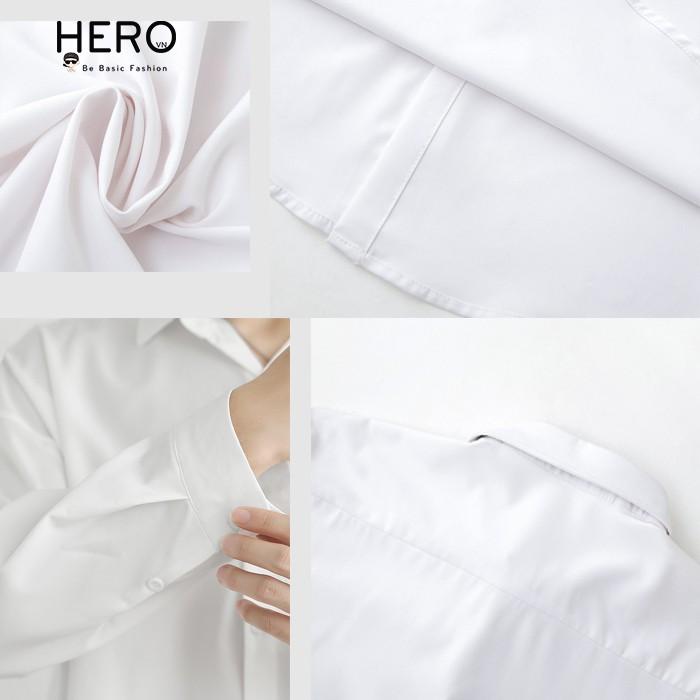 Áo Sơ Mi Unisex Trắng Trơn Dài Tay, Sơ Mi Dáng Rộng Phong Cách Hàn Quốc MR HERO SM06