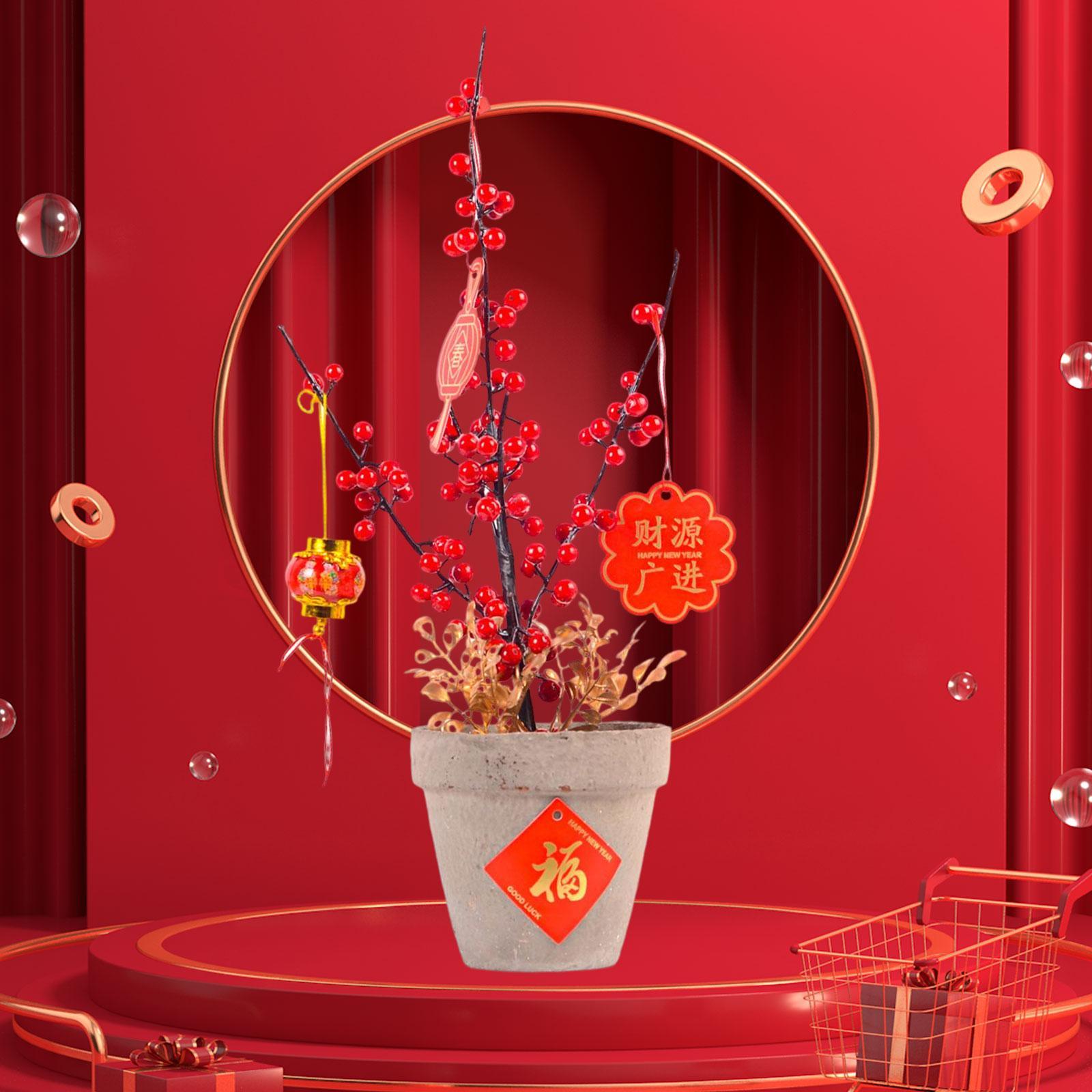 Chinese New Year Ornaments Holiday Desk Bonsai Spring Festival Table Centerpiece Red Lucky Character Pendants for Porch Desk Entryway Office