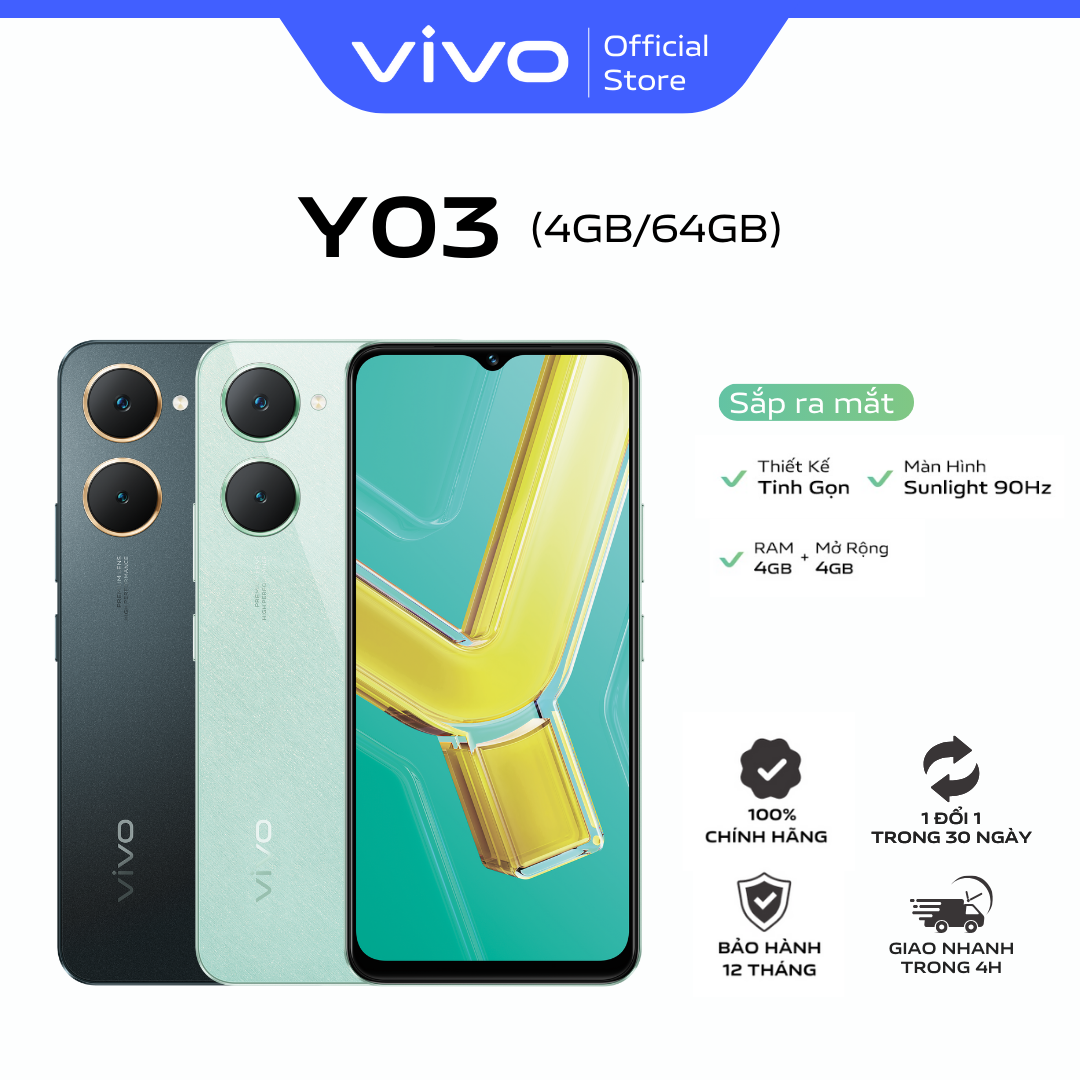Điện thoại vivo Y03t (4GB+64GB) - Hàng chính hãng - 1 đổi 1 trong tháng đầu tiên - Bảo hành 12 tháng