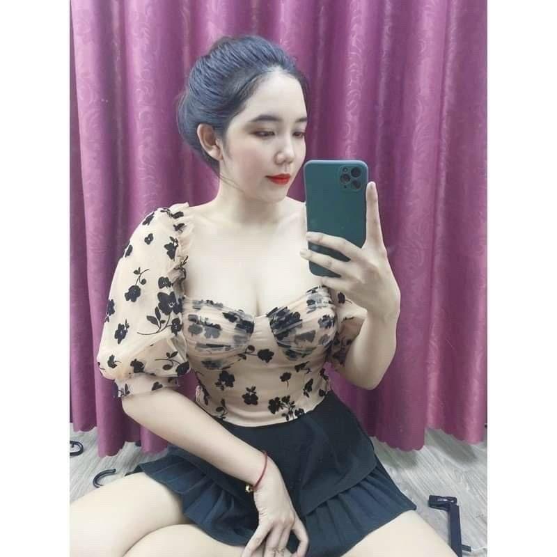 Áo croptop phối lưới ren có mút ngực