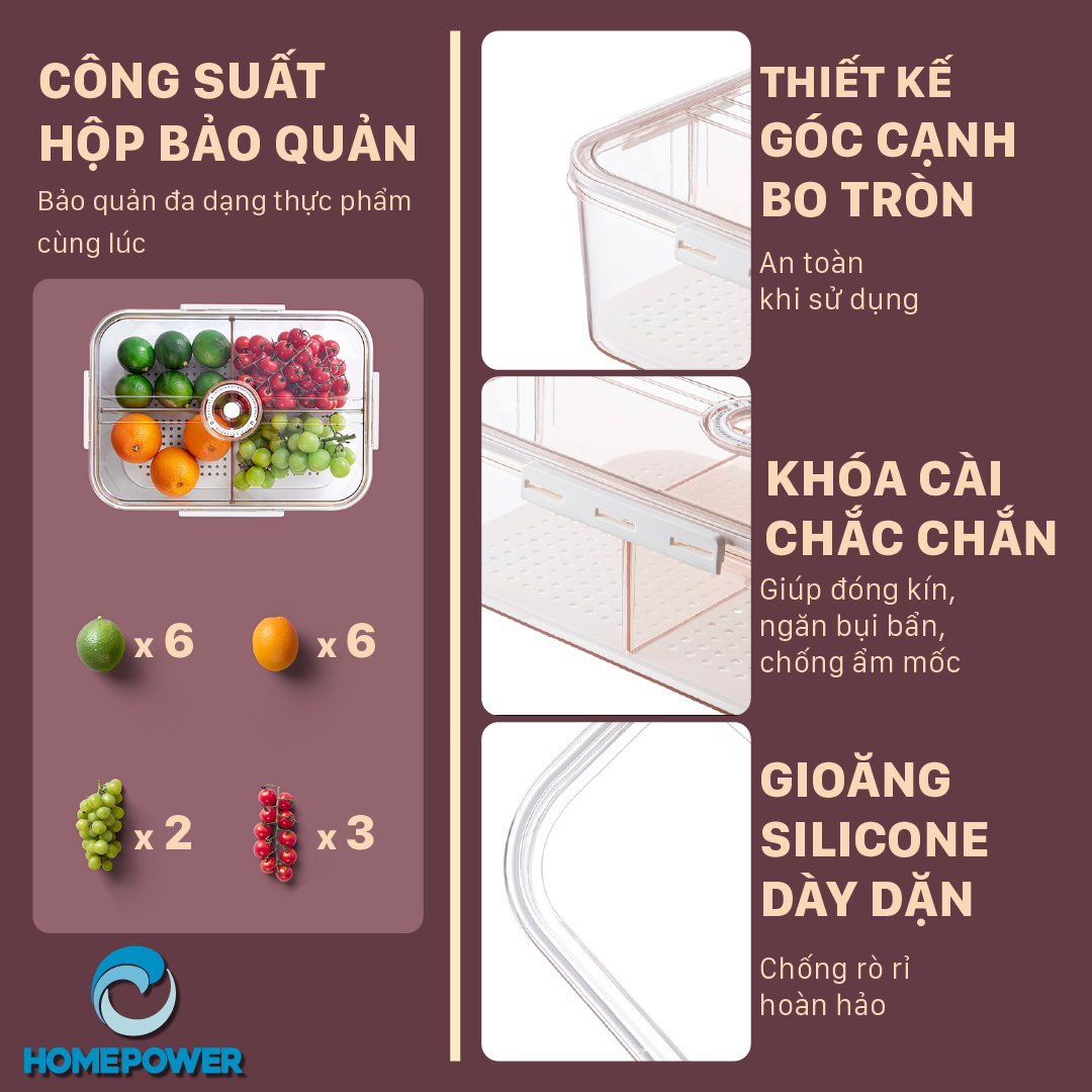 Hộp đựng thực phẩm tách nước Homepower chia 2 ngăn, 4 ngăn tiện lợi - Dung tích lớn