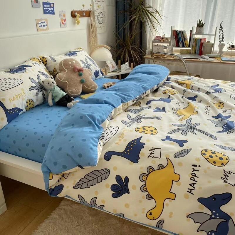 Bộ Chan Ga Gối Cotton Living 100%cotton Hàng Nhập Khẩu Cao Cấp Khủng Long Xanh