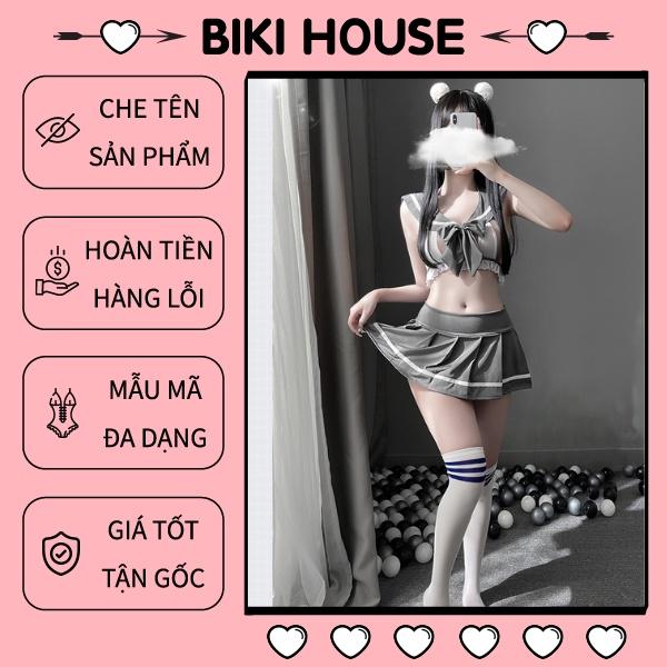 Cosplay nữ sinh Nhật Bản khoét ngực sexy quyến rũ váy xếp ly học sinh hở lưng đen xám đáng yêu BIKI HOUSE N770 - Hỏa Tốc