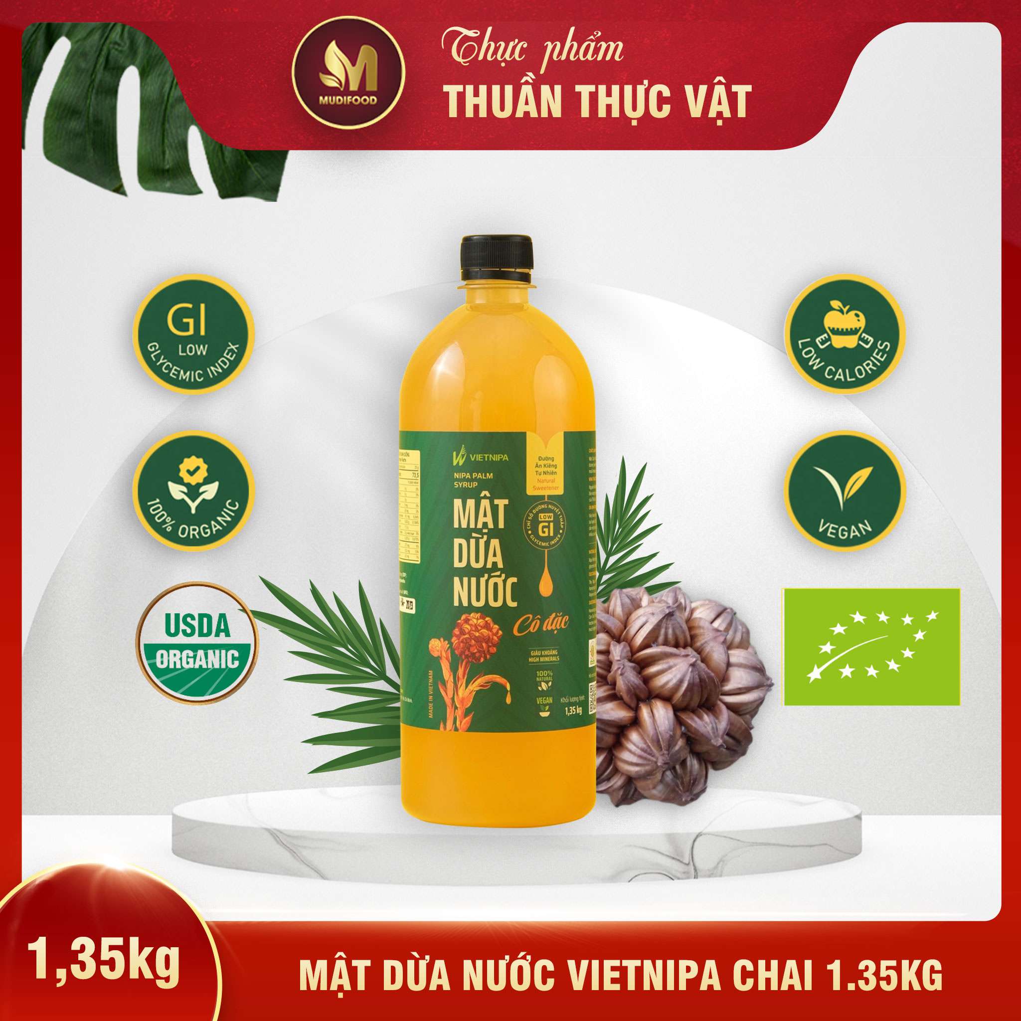 Mật Dừa Nước Vietnipa 1.35KG Tốt Cho Sức Khỏe, Chỉ Số Đường Huyết Thấp