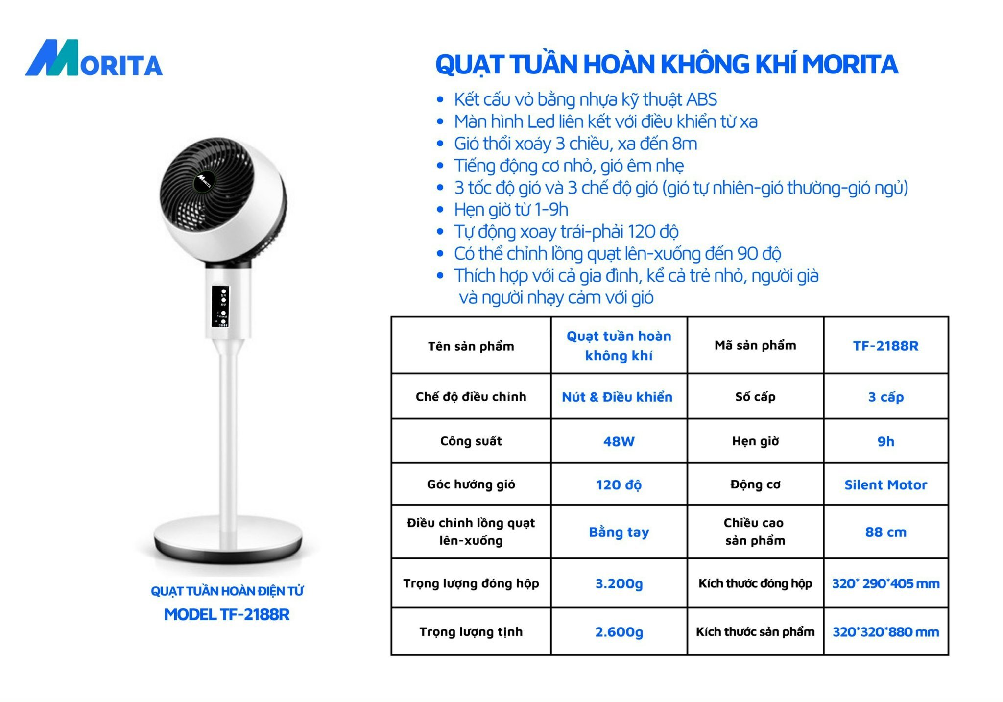 Quạt tuần hoàn không khí Morita TF-2188R với 3 chế độ gió, có thể xoay 90°