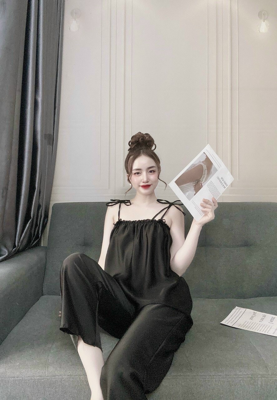 Đồ Bộ Lụa 2 Dây Nữ, Bộ Mặc Nhà 2 Dây Nữ Lụa Satin cột vai, Freesize 40_58kg, tùy chiều cao