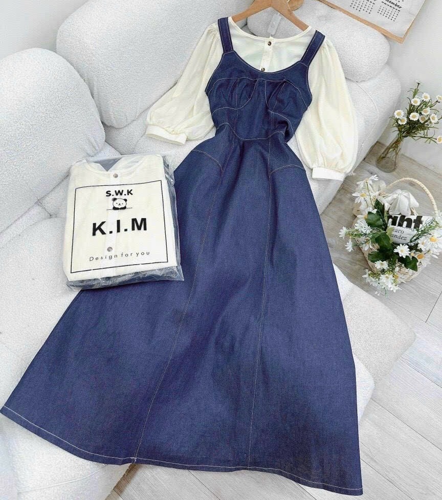 SET ĐẦM MIDI YẾM SUÔNG TRƠN DÀI 2 DÂY XÒE CỔ U JEANS DENIM MAXI + ÁO SƠ MI RỘNG NGẮN TAY DẠO PHỐ ĐI CHƠI ĐI BIỂN ĐI TIỆC