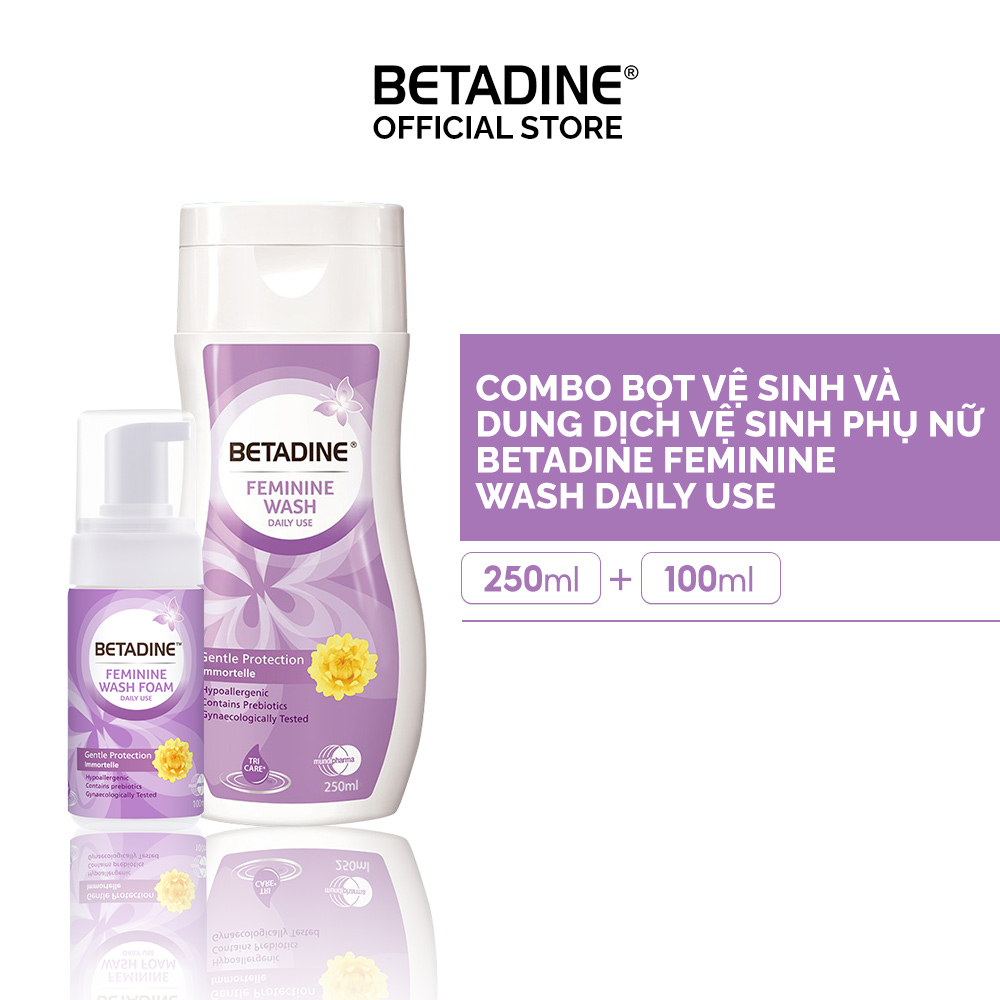 Bộ chăm sóc cá nhân dung dịch vệ sinh phụ nữ Betadine Gentle Protection Immortelle &amp; Foam Gentle Protection Immortelle 100ml