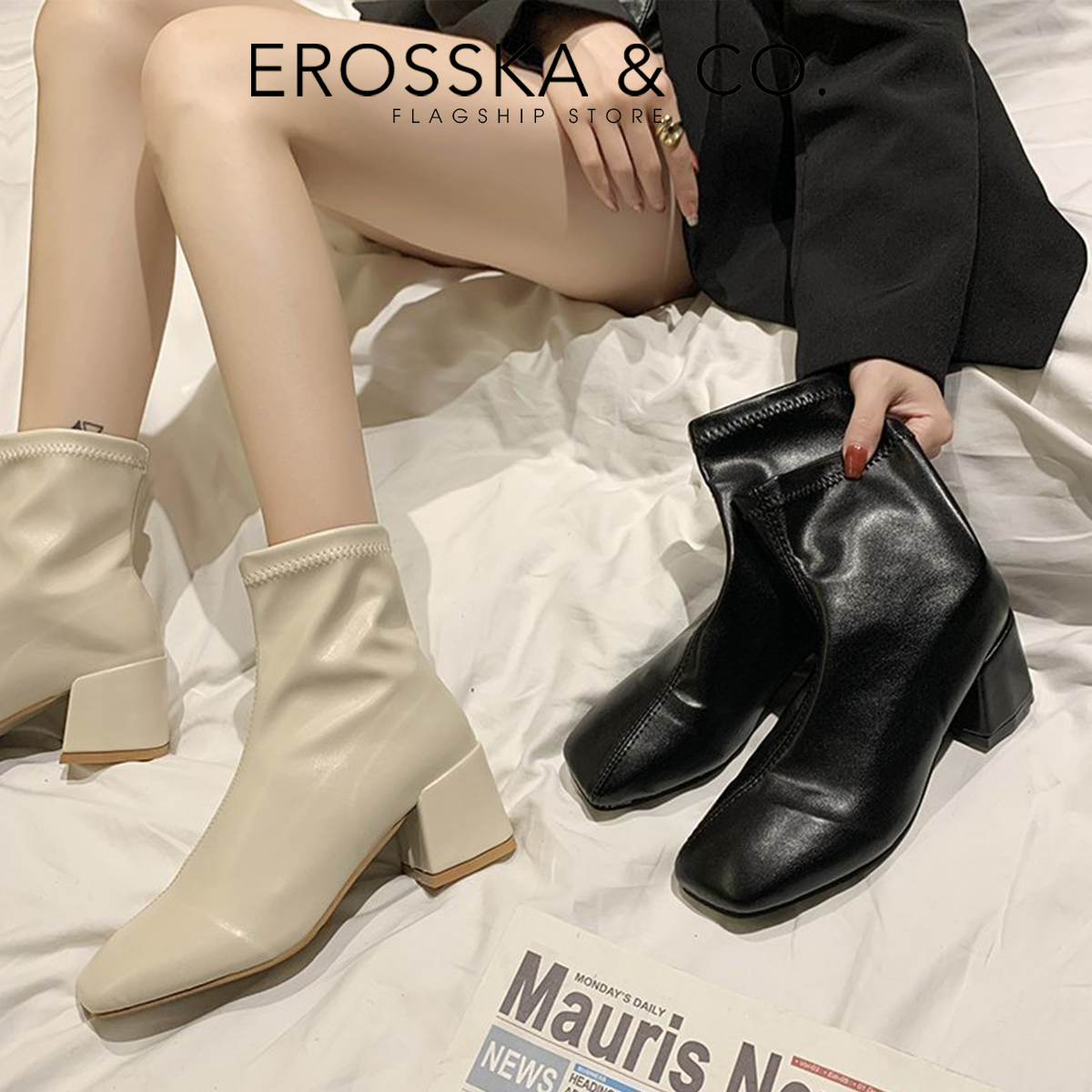 Erosska - Giày boot nữ cao cấp gót vuông có khoá kéo sau - GB010