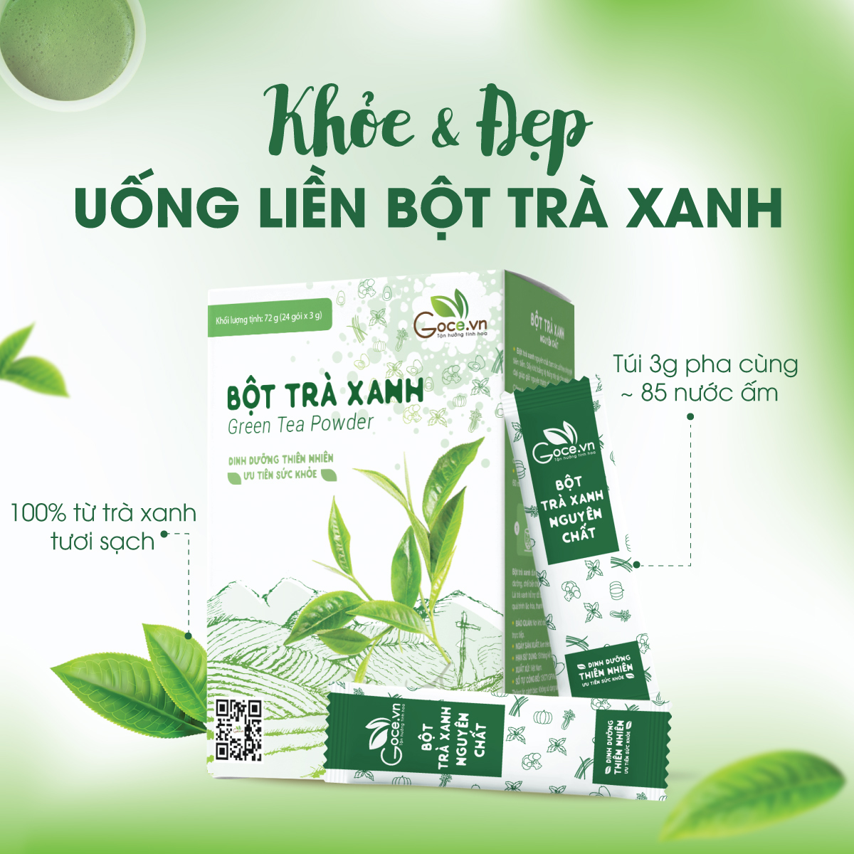 Bột trà xanh nguyên chất Goce - 72g (24 gói x 3g)