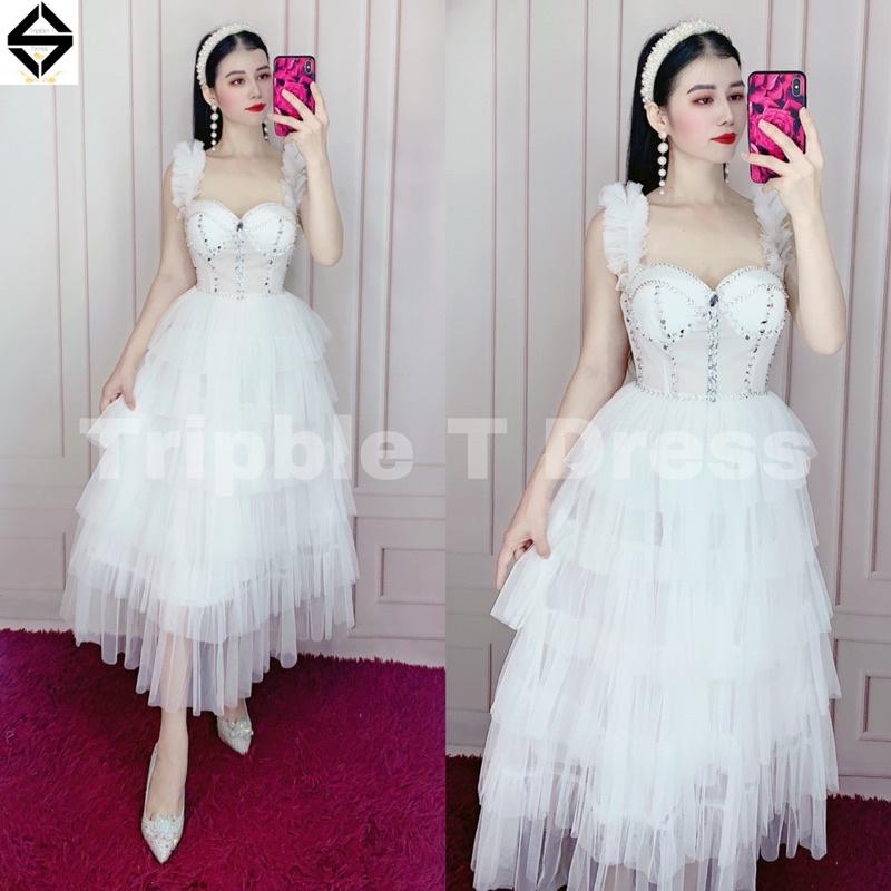 Đầm xoè dự tiệc xếp tầng kết cườm ngực cúp bra TRIPBLE T DRESS -Size M/L - MS160V