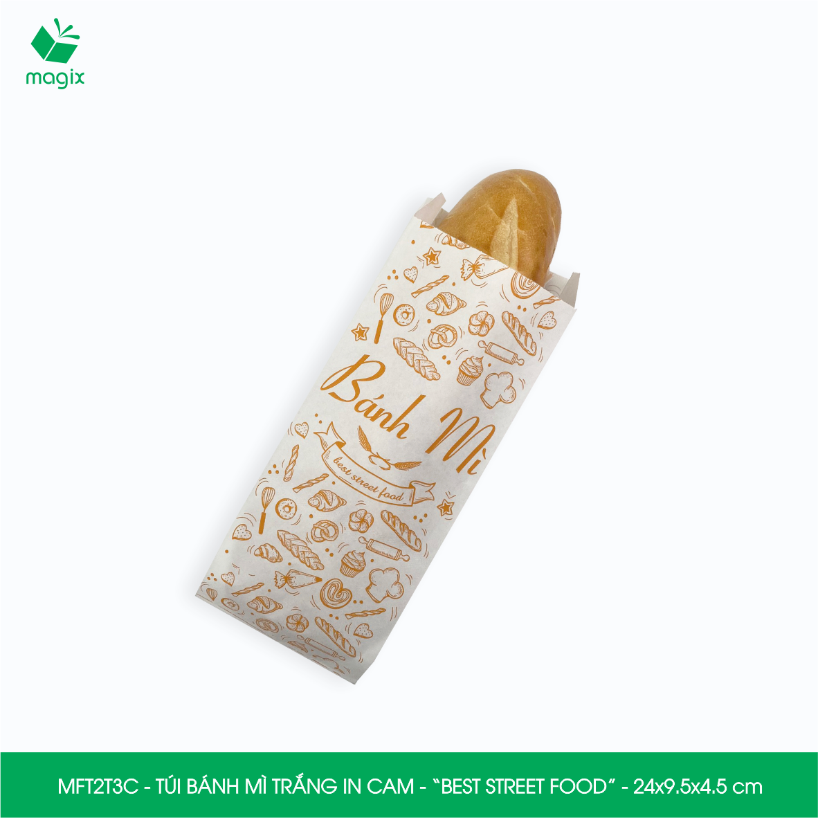 MFT2T3C - 24x9.5x4.5 cm - 100 túi giấy đựng bánh mì, túi đựng thức ăn mang đi, túi take away