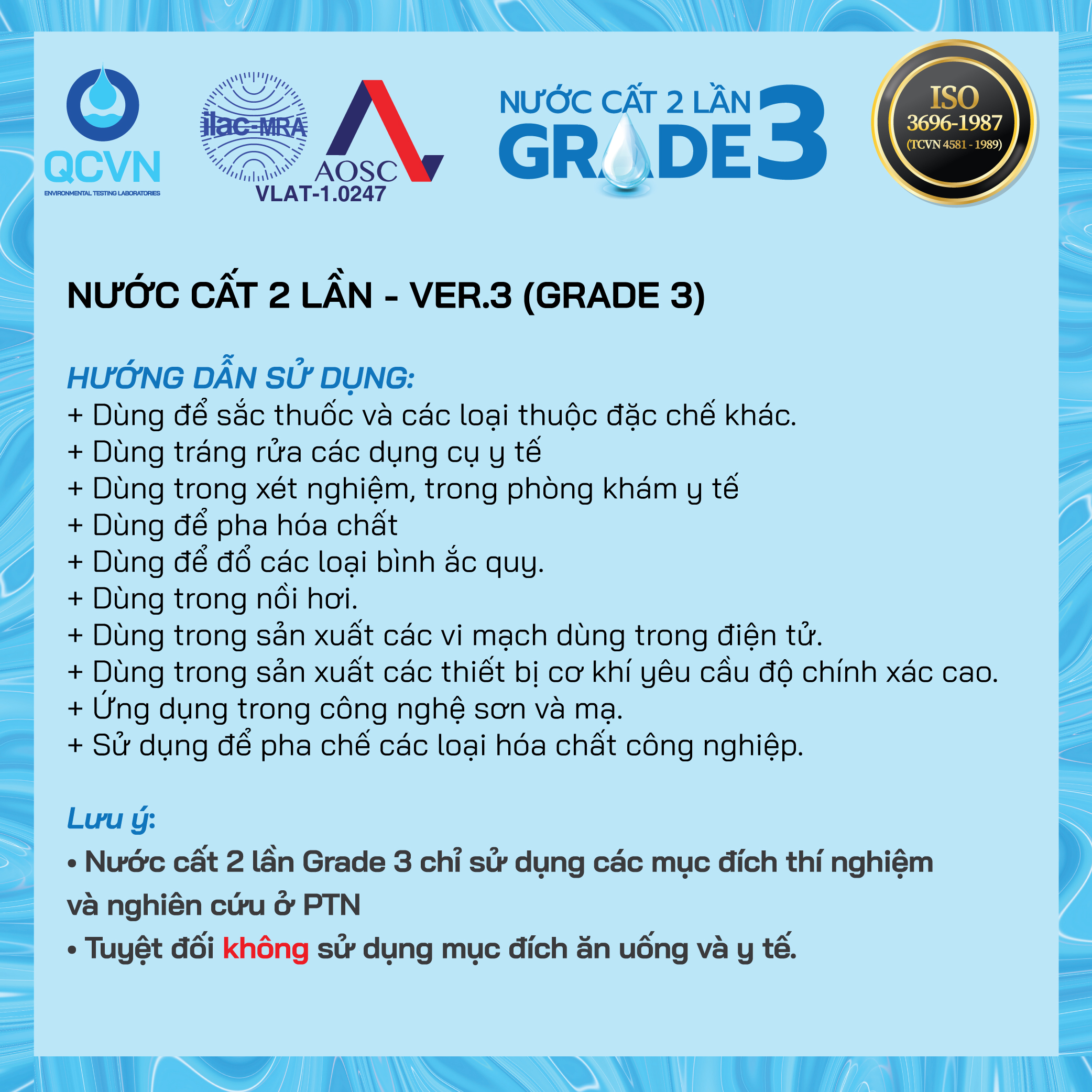 Nước cất 2 lần - Định lượng 1L đạt ISO 3696-1987