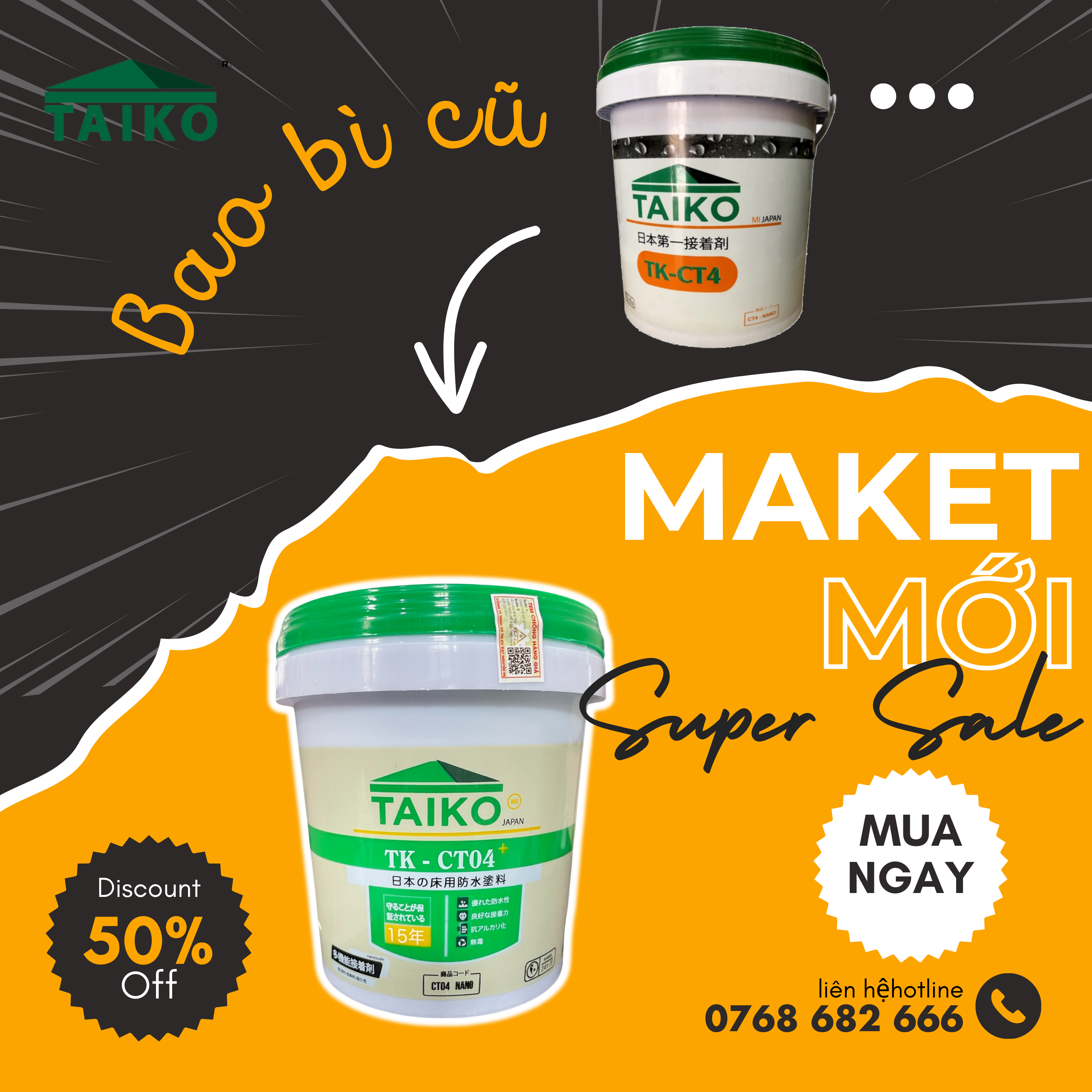Sơn Chống Thấm Ngược, Môi Trường Ẩm Nhà Vệ Sinh, Bể Cá, Bể Âm TAIKO CT4 - Tặng Kèm Vải Kết Cấu