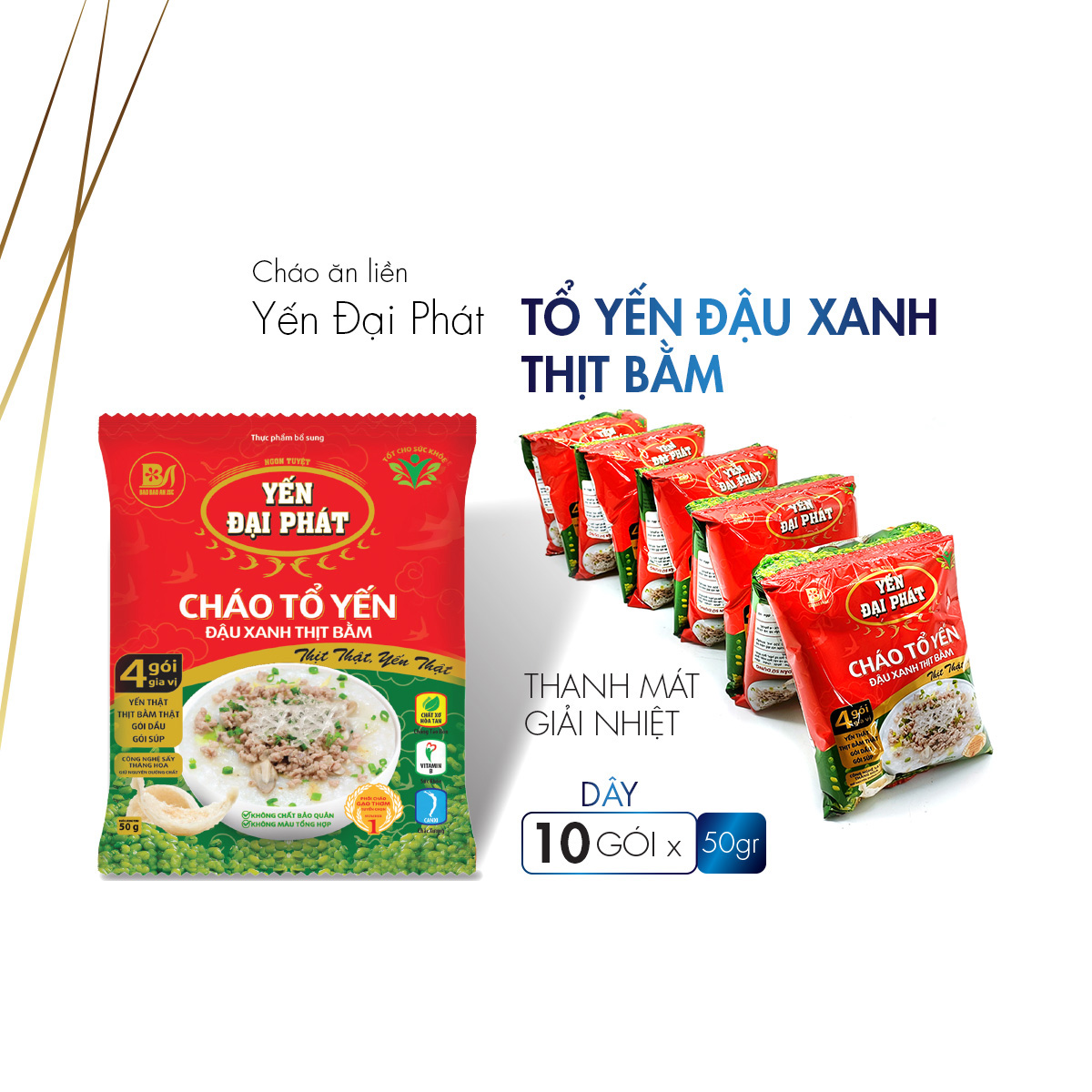 Thùng Cháo Tổ Yến Đậu Xanh Thịt Bằm - Yến Đại Phát 4 gói gia vị, ăn liền, tiện lợi, thơm ngon