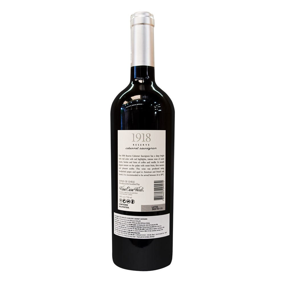 Rượu Vang Đỏ  1918 Reserve Cabernet Sauvignon 750ml 14.5% - Chile - Hàng Chính Hãng