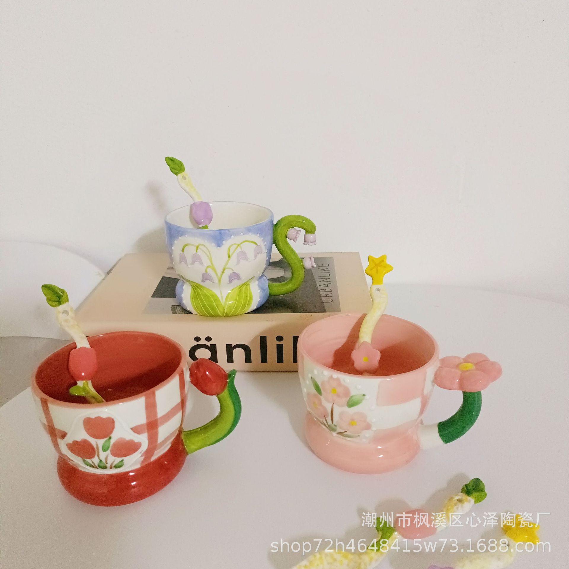Thuận lợi nhất sáng tạo nhiệt độ cao vẽ tay hoa tulip ba chiều cốc gốm cốc cốc cà phê màu tráng men văn phòng nhà