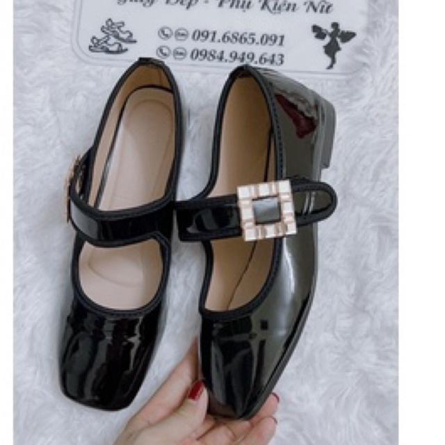 Giày búp bê da bóng lolita mềm,êm chân quai ngang đá vuông to bản( marry đá)- 2 phân loại