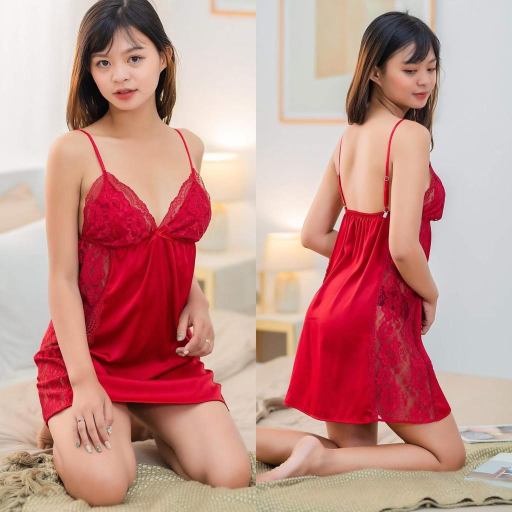Đầm ngủ lụa mặc nhà sexy sang trọng tặng kèm quần chíp ren xinh xắn-Màu đỏ