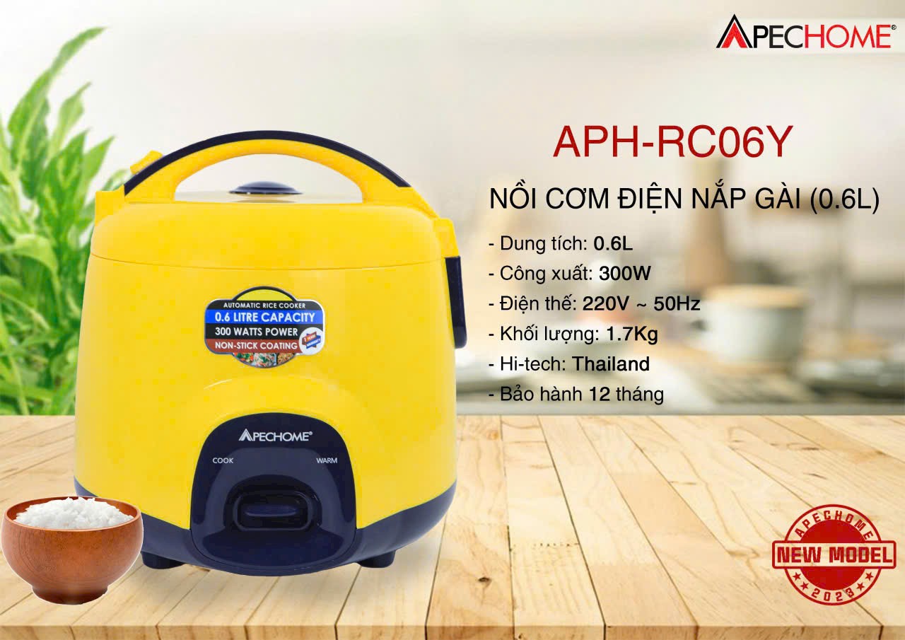 Nồi cơm điện Mini 0.6 lít Apechome APH-RC06Y màu vàng, phù hợp cho 1 đến 2 người ăn - Hàng chính hãng