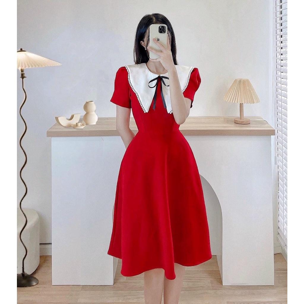 Đầm đen dự tiệc phối cổ bèo bâu trắng Cao Cấp 3 màu trắng đen đỏ, dáng xòe tay ngắn nữ tính quyến rũ sang trọng - MiNhi