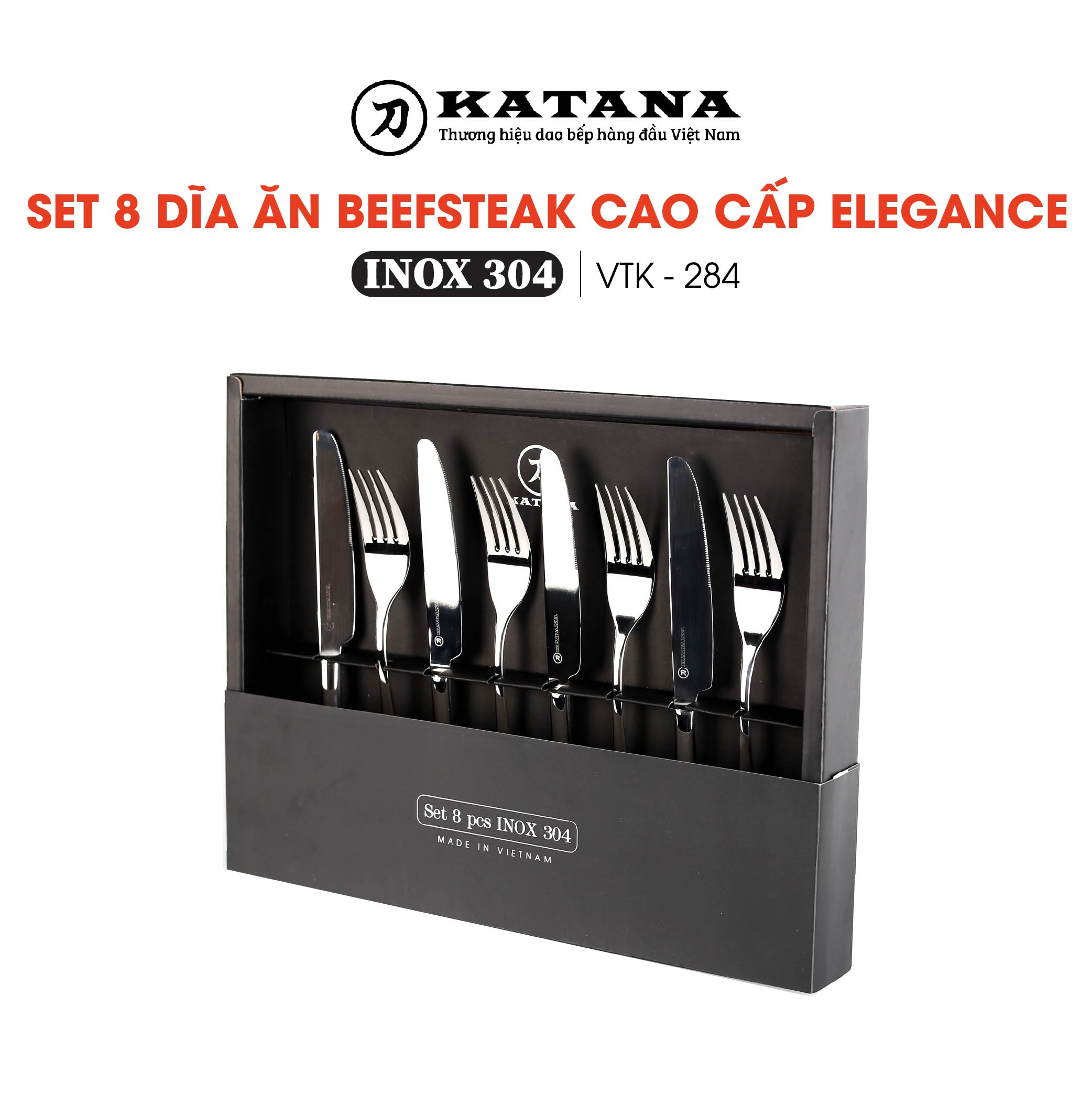 Set 8 dao dĩa beefsteak cao cấp vân trơn Elegance KATANA VTK284