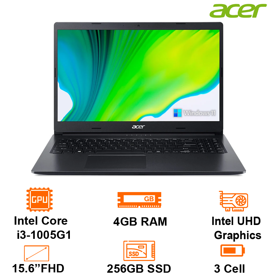 Máy Tính Xách Tay Laptop Acer A315-57-379K - Intel core i3-1005G1/4GB/256GB SSD/15.6" FHD/BT4/Win11SL/Black - Hàng Chính Hãng