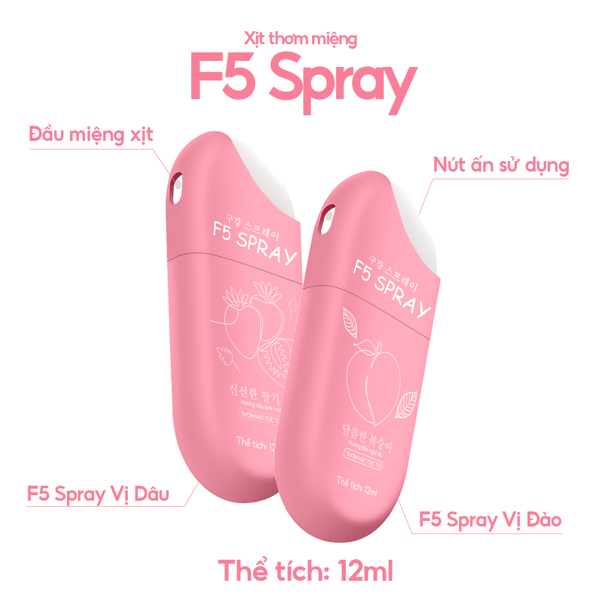 Xịt thơm miệng F5 Spray - Khử mùi hôi, ngừa sâu răng, cho hơi thở thơm mát, tự tin - Vị đào, dâu, bạc hà greelux - Lọ 12ml nhỏ gon