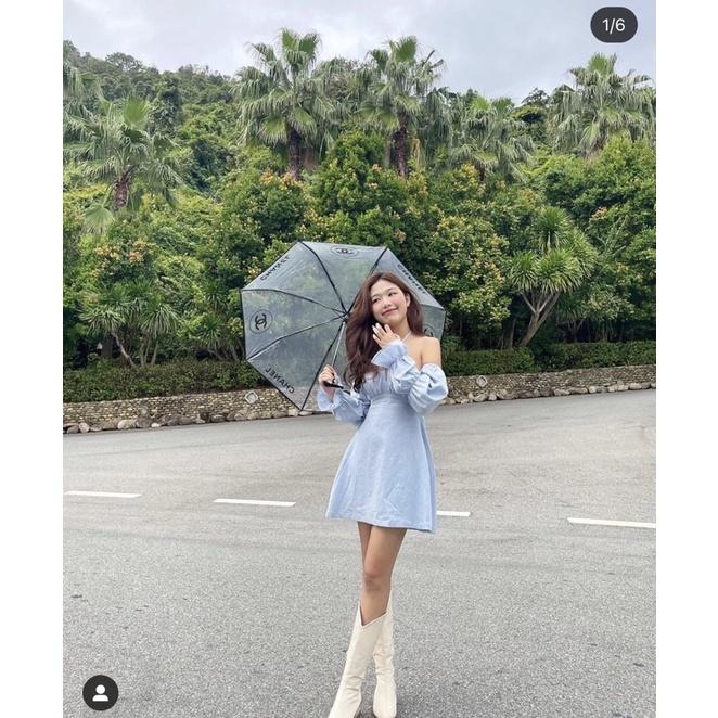 Đầm trễ vai bẹt vai trắng đen xanh