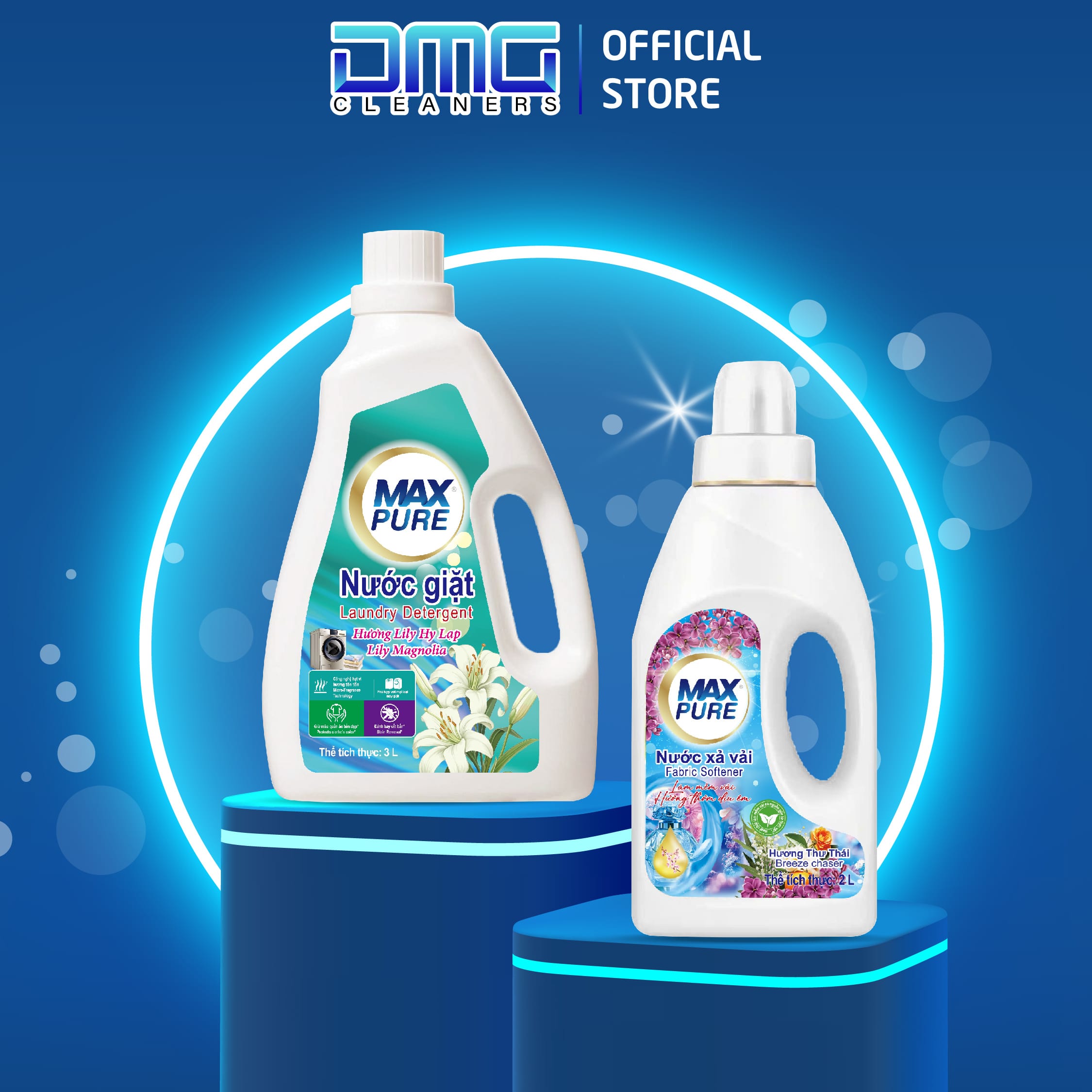 Combo Chai Nước Giặt Maxpure Hương Lily Hy Lạp 3L + Chai Nước Xả Vải Maxpure Hương Thư Thái 2L